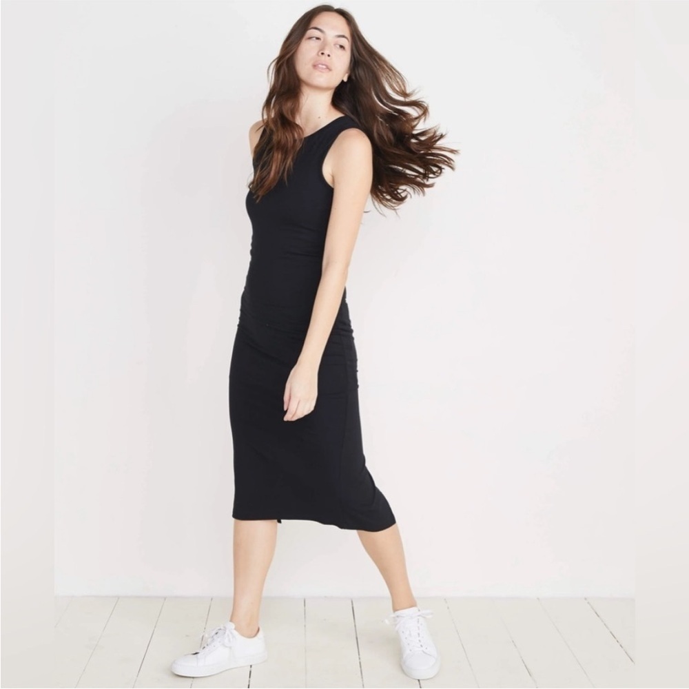 Marine Layer Lexi daytime lined tank split hem S Black Ribbed Sheath Midi Dress - Picture 5 of 9